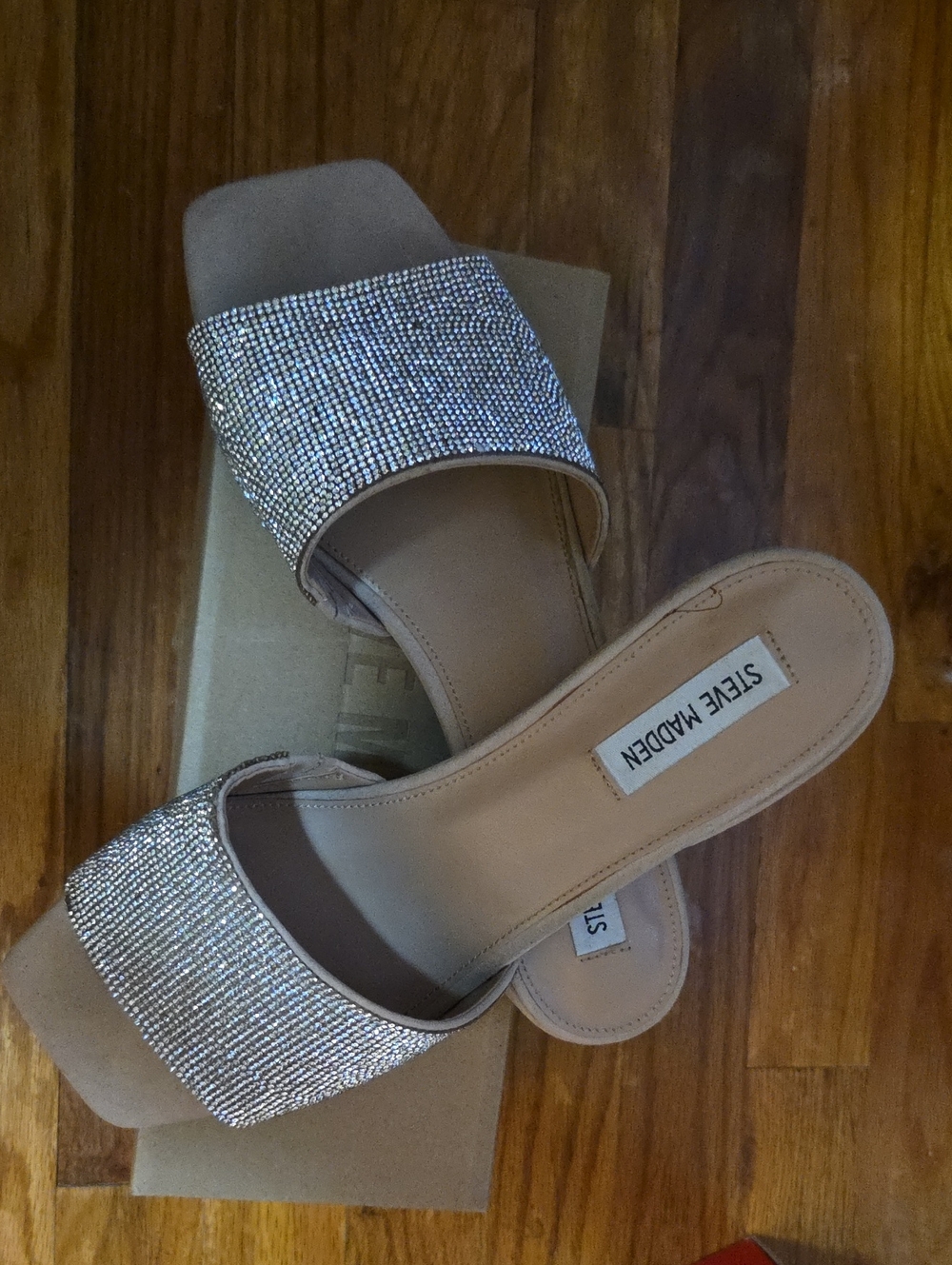 Steve Madden Sparkle Slide Sandals in Nude and Silver
